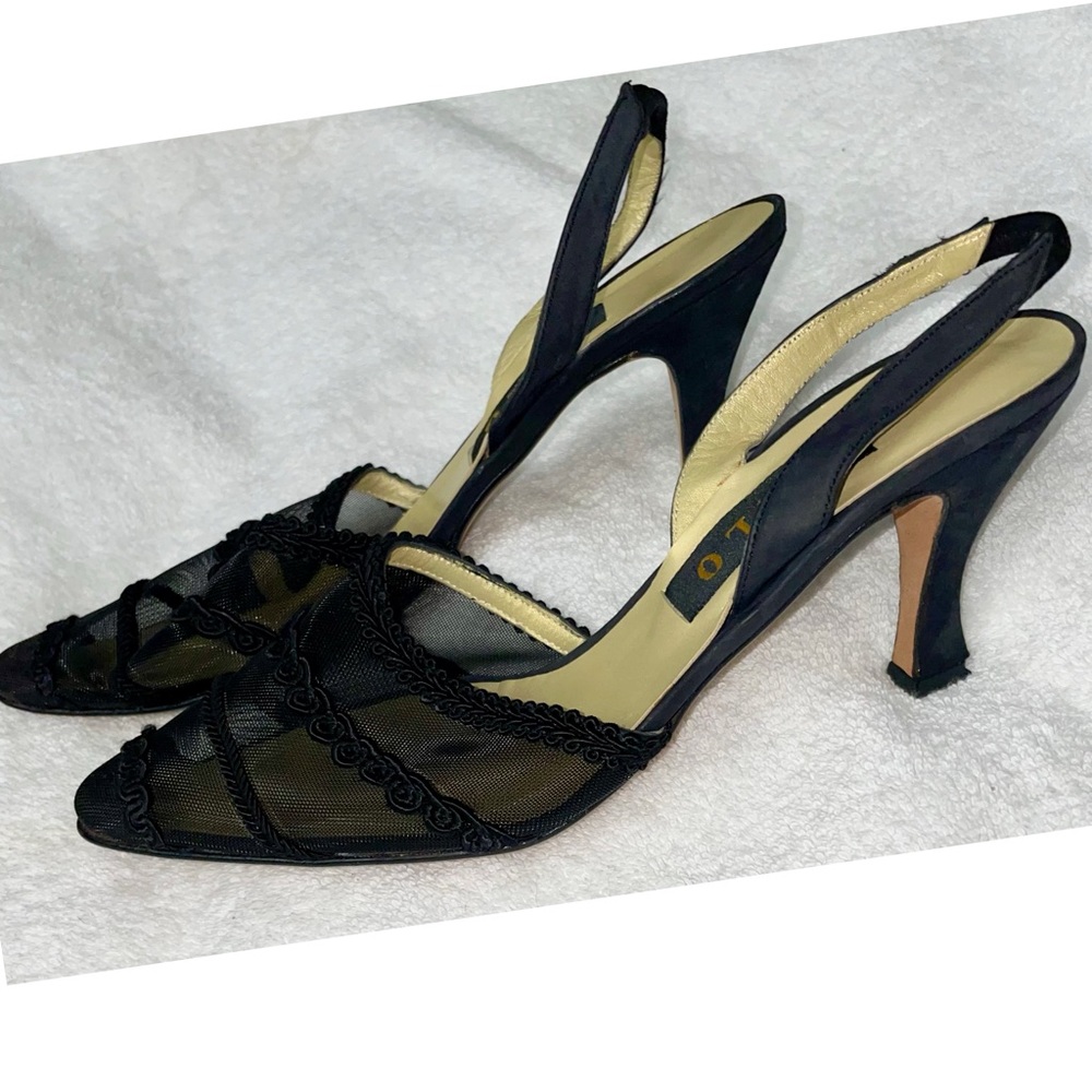 House of Zalo Designer Black Sheer Mesh Sling Back Heels Pumps Size 8 New